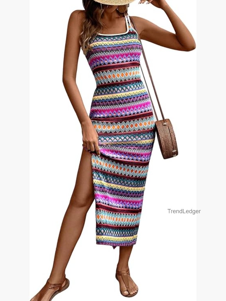 Striped Maxi Dress Square Neck Sleeveless Slim Fit Beach Vacation